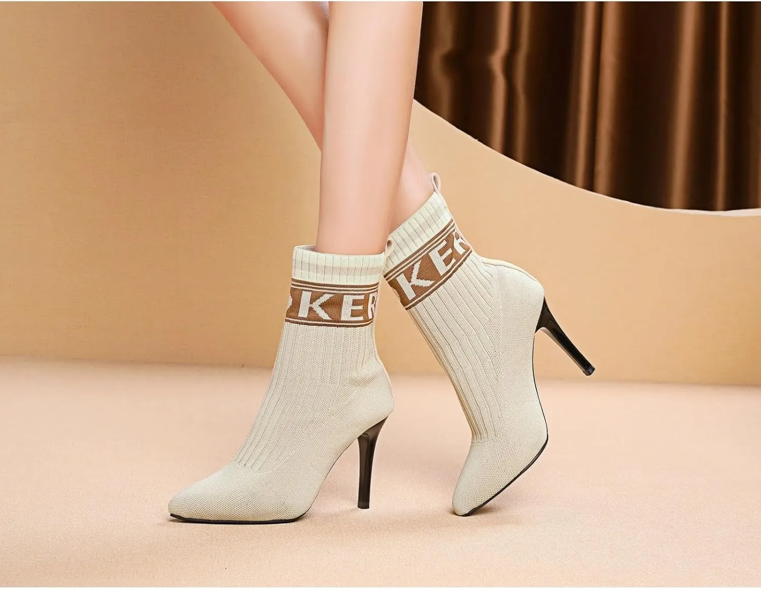 Women's Fashion Knit Stiletto High Heel Ankle Boots Stretch Knitted Fabric Short Sock Boots Sexy Pointed Toe Mid Calf Booties