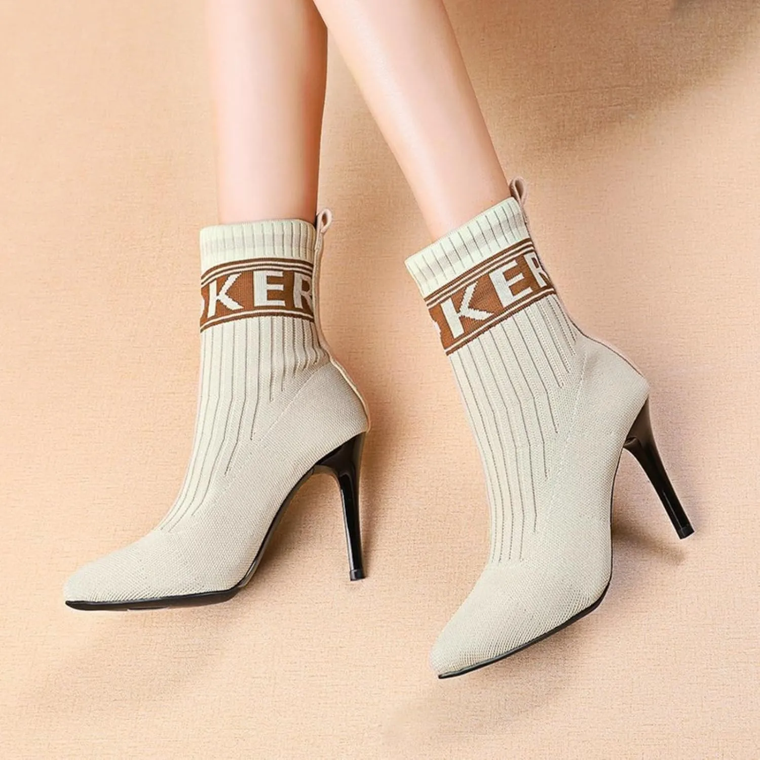 Women's Fashion Knit Stiletto High Heel Ankle Boots Stretch Knitted Fabric Short Sock Boots Sexy Pointed Toe Mid Calf Booties