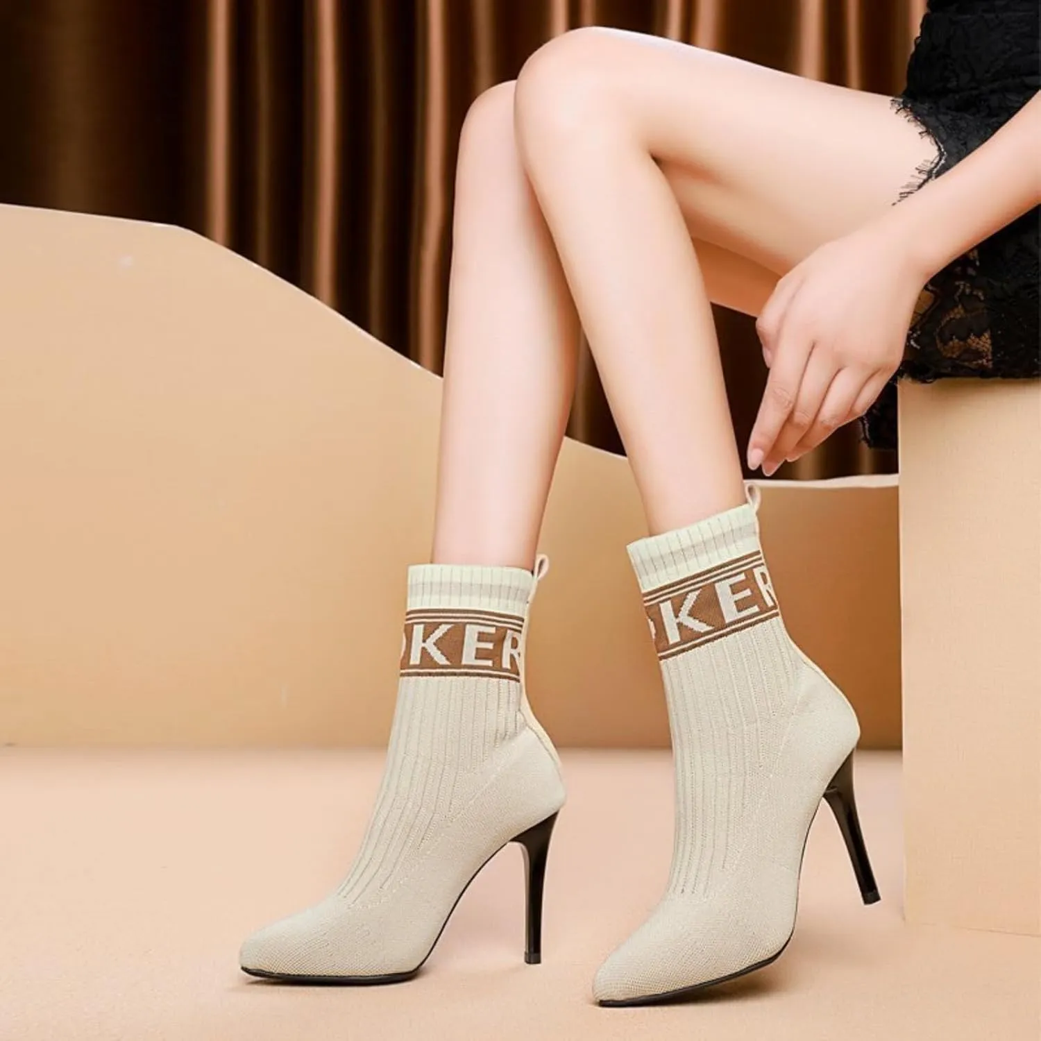 Women's Fashion Knit Stiletto High Heel Ankle Boots Stretch Knitted Fabric Short Sock Boots Sexy Pointed Toe Mid Calf Booties