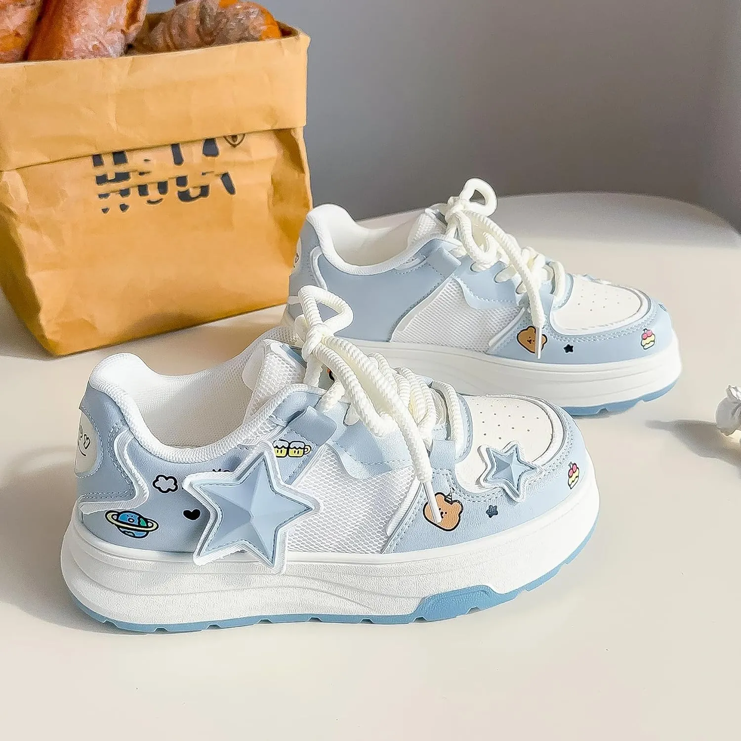 Women's Fashion Platform Sneakers Y2K Star Shoes Breathable Mesh Pink Sneakers Cute Walking Shoes