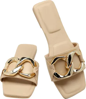 Women's Flat Sandals Fashion Square Open Toe Slides With Big Metal Chain Slippers Dressy for Summer Size 6-11