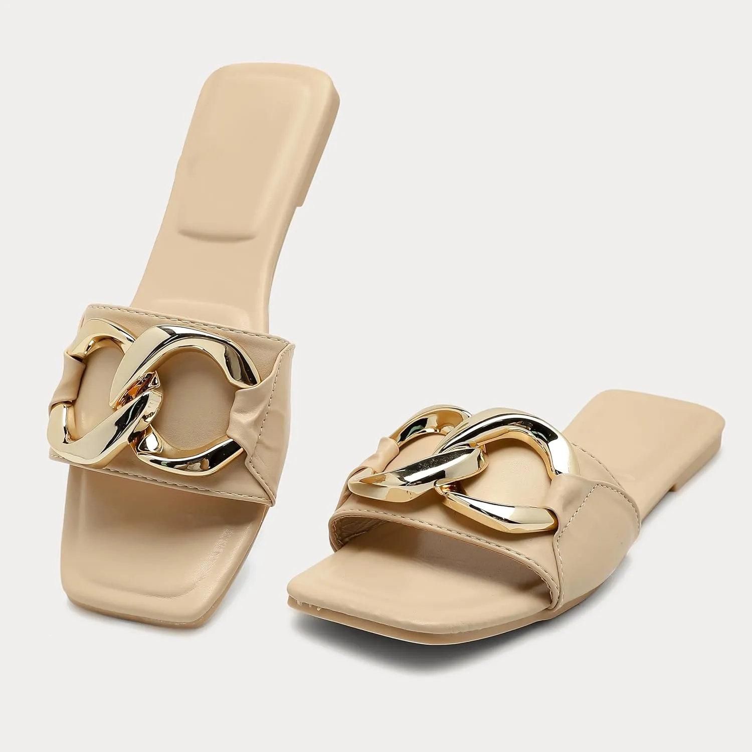 Women's Flat Sandals Fashion Square Open Toe Slides With Big Metal Chain Slippers Dressy for Summer Size 6-11