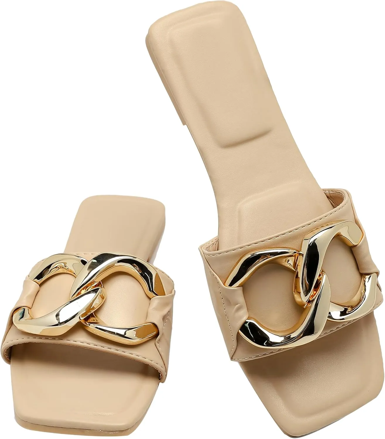 Women's Flat Sandals Fashion Square Open Toe Slides With Big Metal Chain Slippers Dressy for Summer Size 6-11