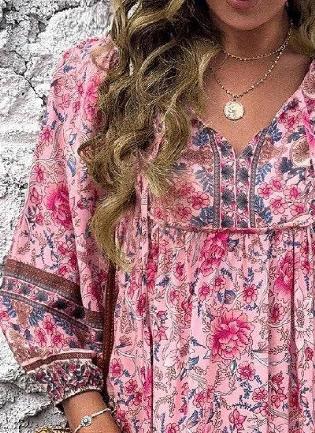 Women's Floral Print Pink Mini Dress 2025 Spring Casual Bohemian V-Neck Long Sleeve Shift Dresses Beach Vacation Dress