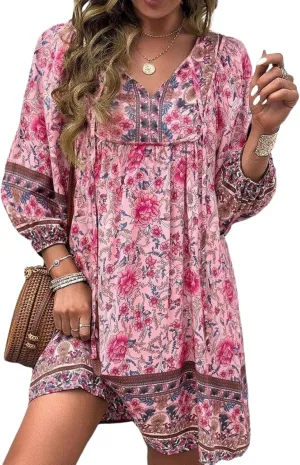 Women's Floral Print Pink Mini Dress 2025 Spring Casual Bohemian V-Neck Long Sleeve Shift Dresses Beach Vacation Dress