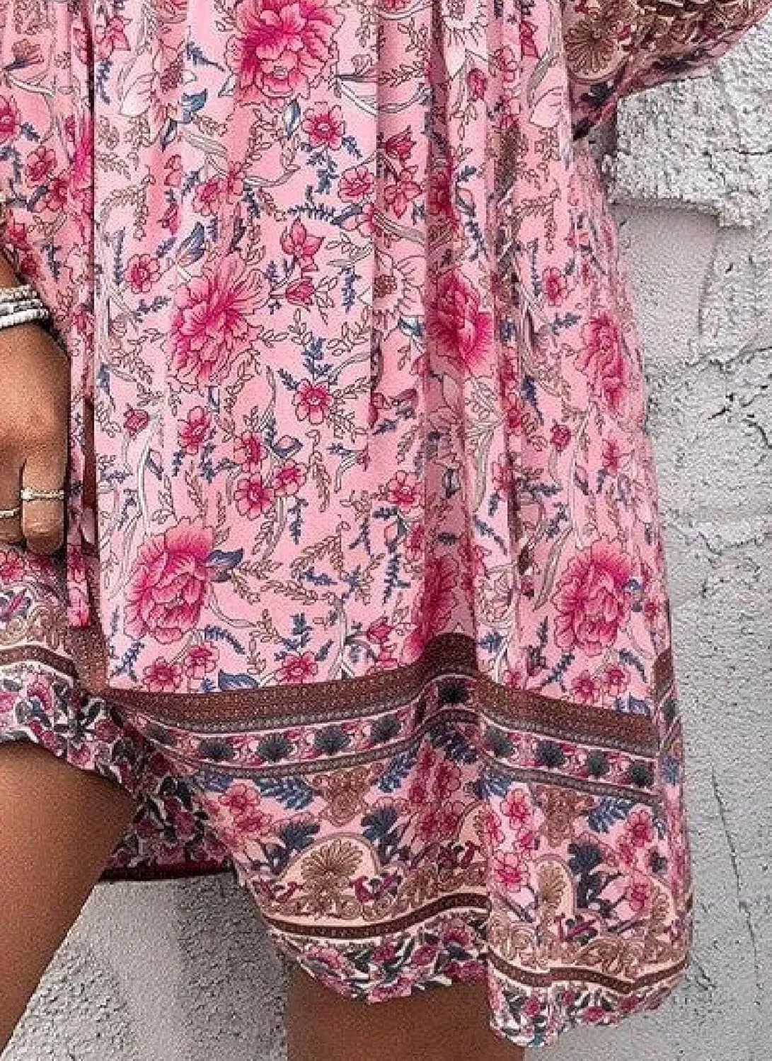 Women's Floral Print Pink Mini Dress 2025 Spring Casual Bohemian V-Neck Long Sleeve Shift Dresses Beach Vacation Dress