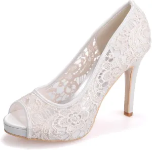 Women's High Heel Round Toe Slip On Floral Ballet Kitten Heels Peep Toe Comfortable Lace Sandals Dressy