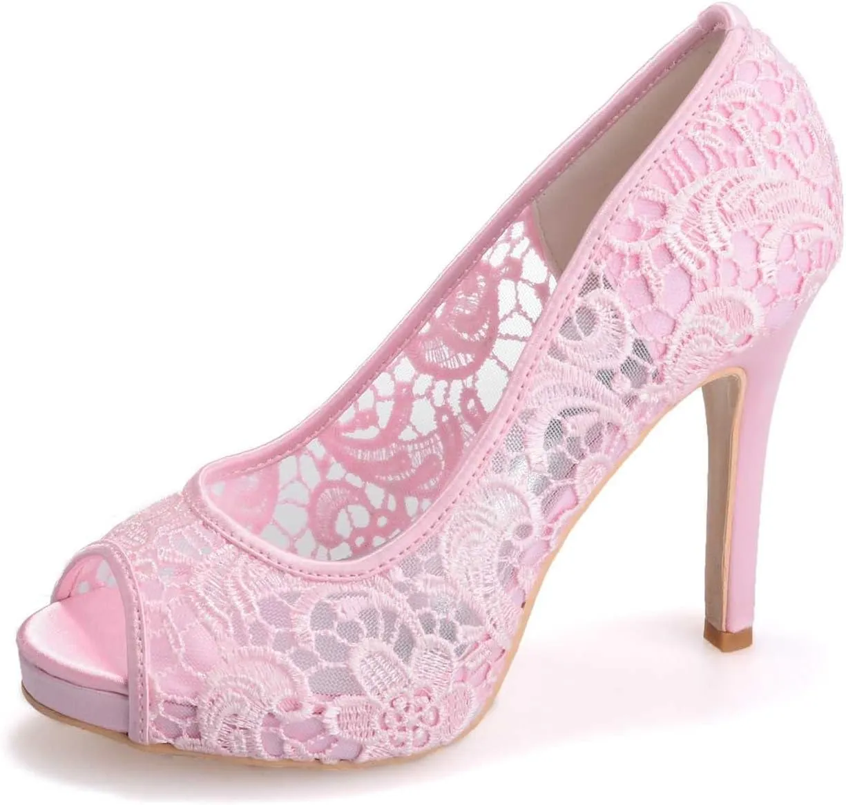 Women's High Heel Round Toe Slip On Floral Ballet Kitten Heels Peep Toe Comfortable Lace Sandals Dressy