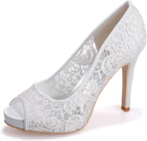 Women's High Heel Round Toe Slip On Floral Ballet Kitten Heels Peep Toe Comfortable Lace Sandals Dressy