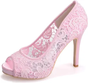Women's High Heel Round Toe Slip On Floral Ballet Kitten Heels Peep Toe Comfortable Lace Sandals Dressy