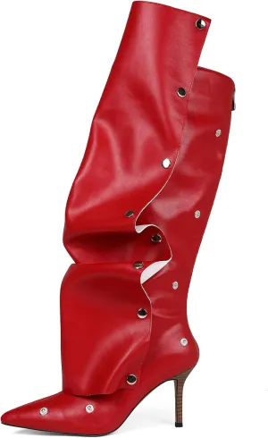 women's Knee High Boots Stiletto Boots Pointed Toe Heels knee high boots wide calf Detachable Snap-off Buttons Slouchy Boot