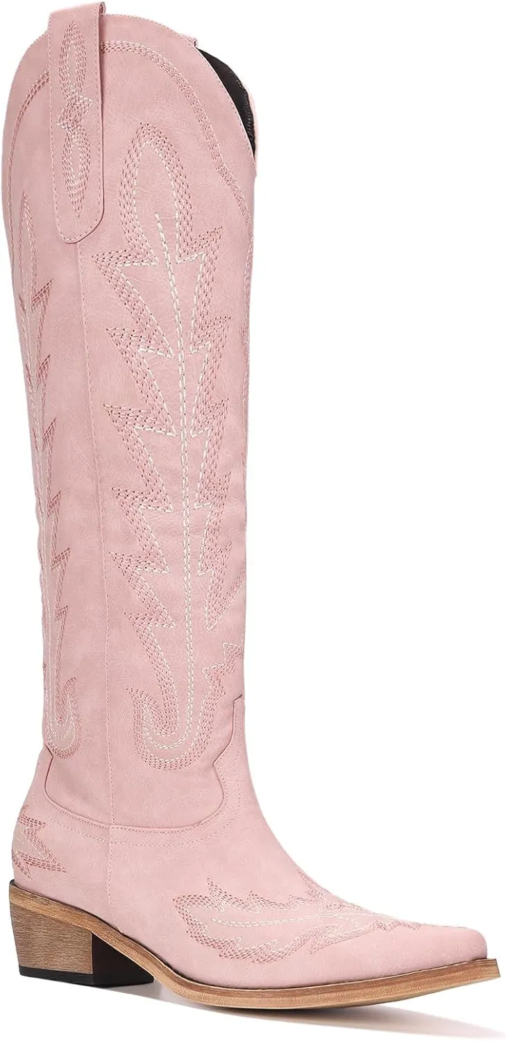 Women's Knee High Cowboy Boots for Women- Pointed Toe Cowgirl Boots Women with Side Zipper & Classic Embroidery Designs Ideal for Worker for Country Concert