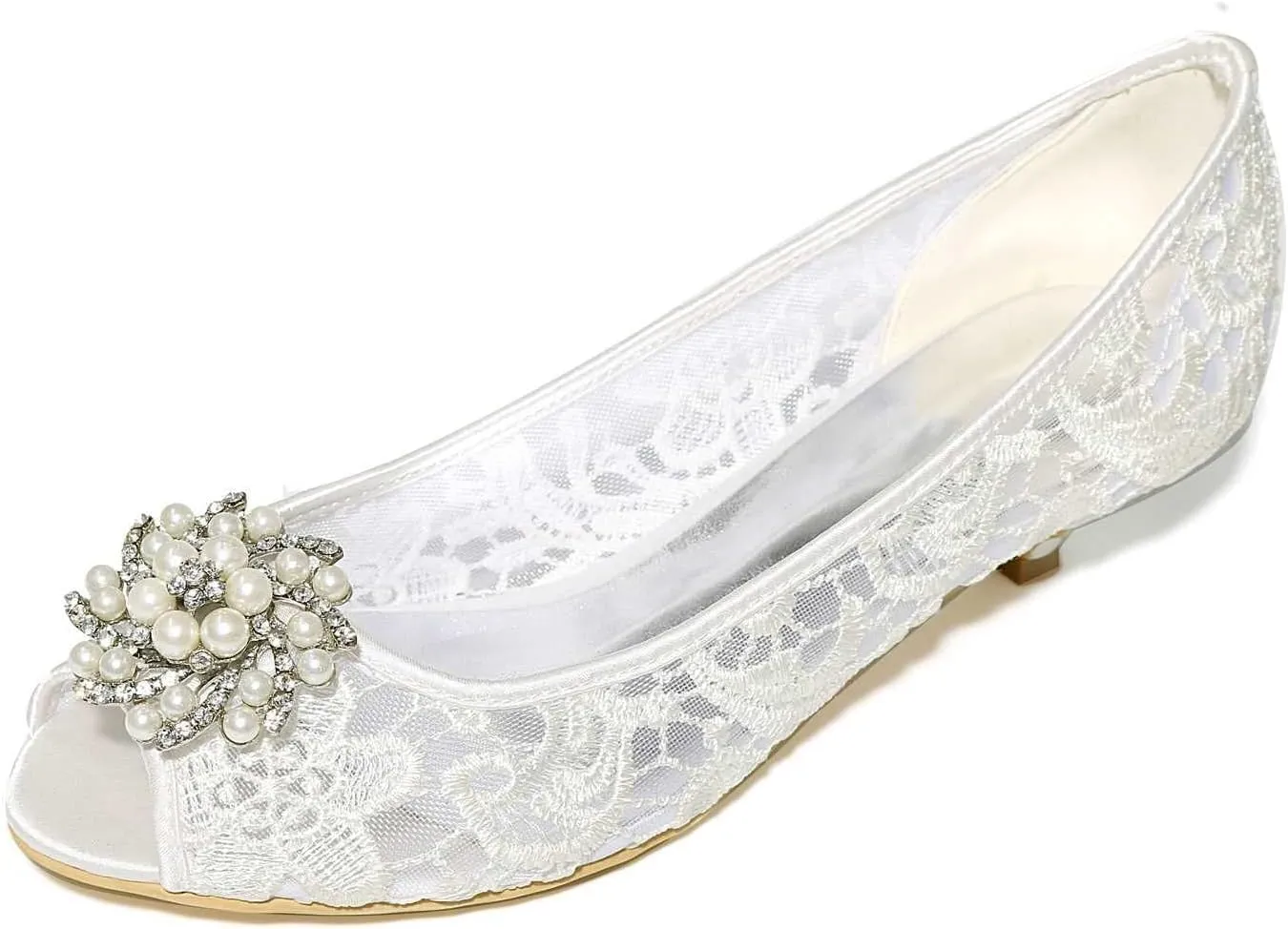 Women's Lace Open Toe Satin Low Heels Slip On Rhinestones Sandals for Women Party Dress Pumps Shoes