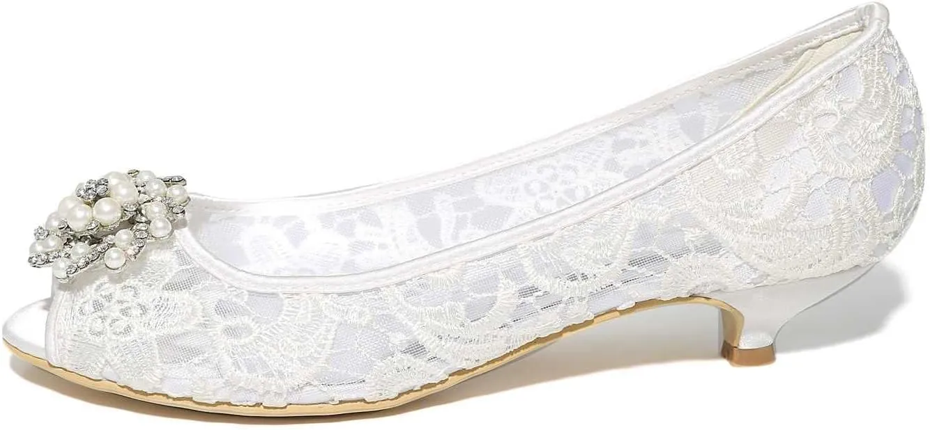 Women's Lace Open Toe Satin Low Heels Slip On Rhinestones Sandals for Women Party Dress Pumps Shoes