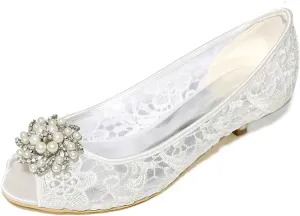 Women's Lace Open Toe Satin Low Heels Slip On Rhinestones Sandals for Women Party Dress Pumps Shoes