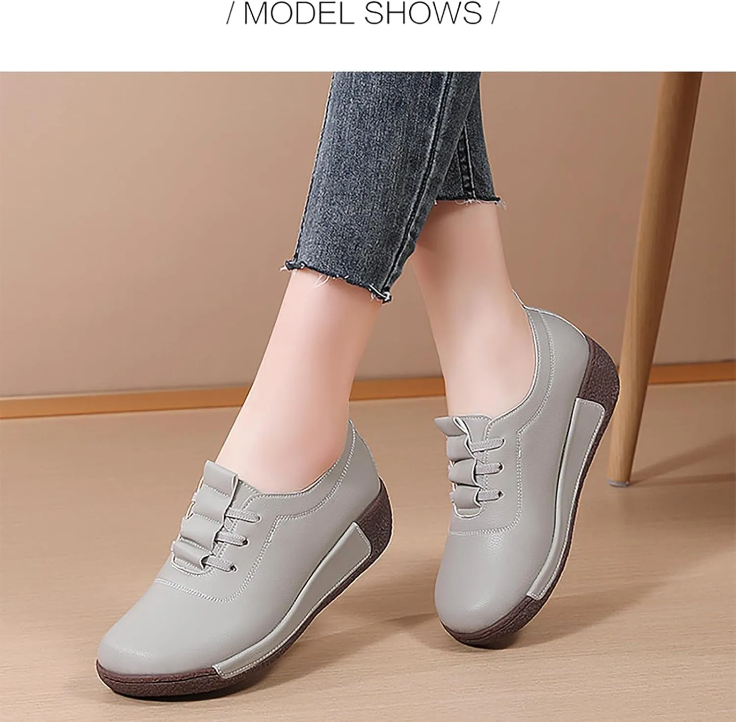 Women's Leather Platform Wedge Rocker Shoes Fashion Round Head Slip-On Thick Heel Walking Loafers Casual Non-Slip Comfort Work Office Dress Shoes