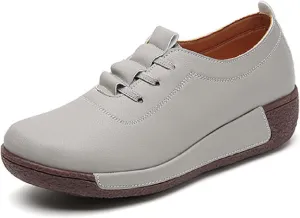 Women's Leather Platform Wedge Rocker Shoes Fashion Round Head Slip-On Thick Heel Walking Loafers Casual Non-Slip Comfort Work Office Dress Shoes