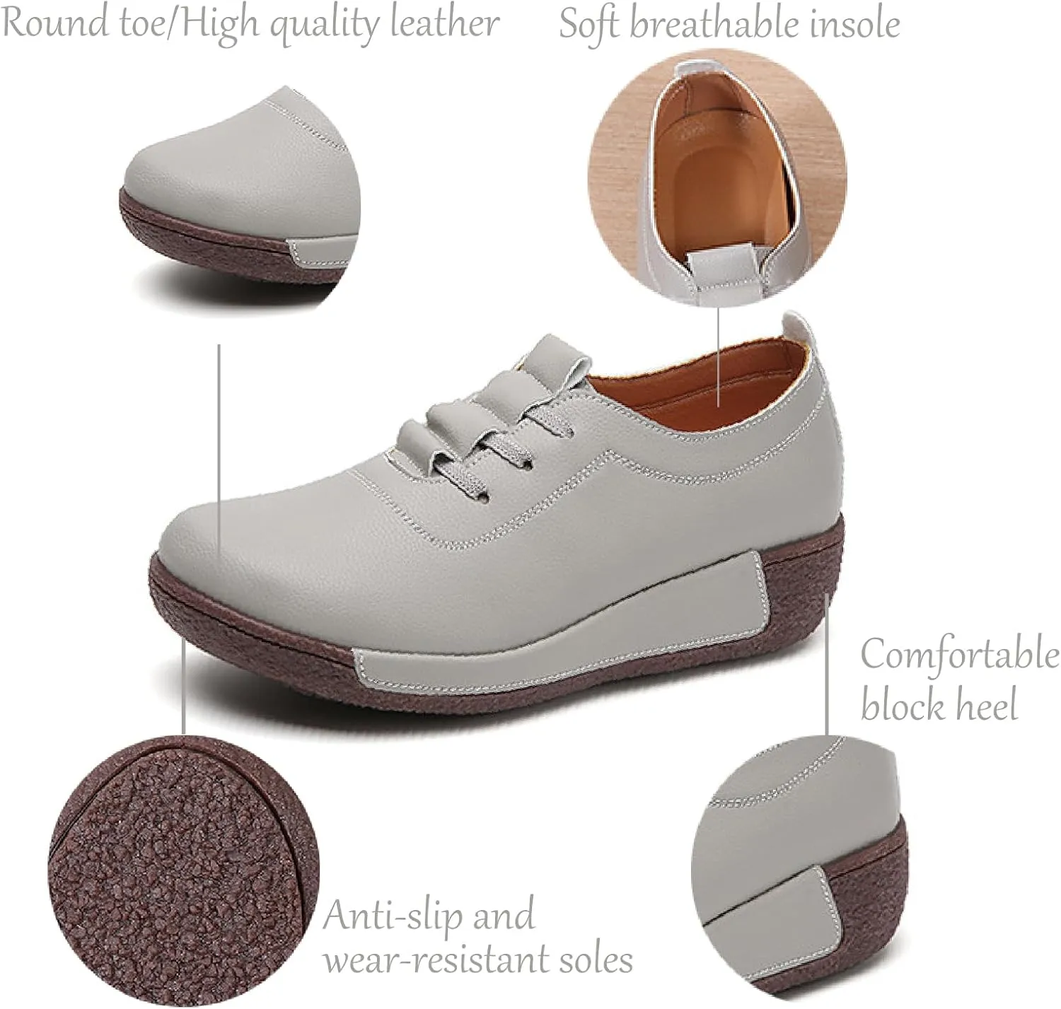 Women's Leather Platform Wedge Rocker Shoes Fashion Round Head Slip-On Thick Heel Walking Loafers Casual Non-Slip Comfort Work Office Dress Shoes