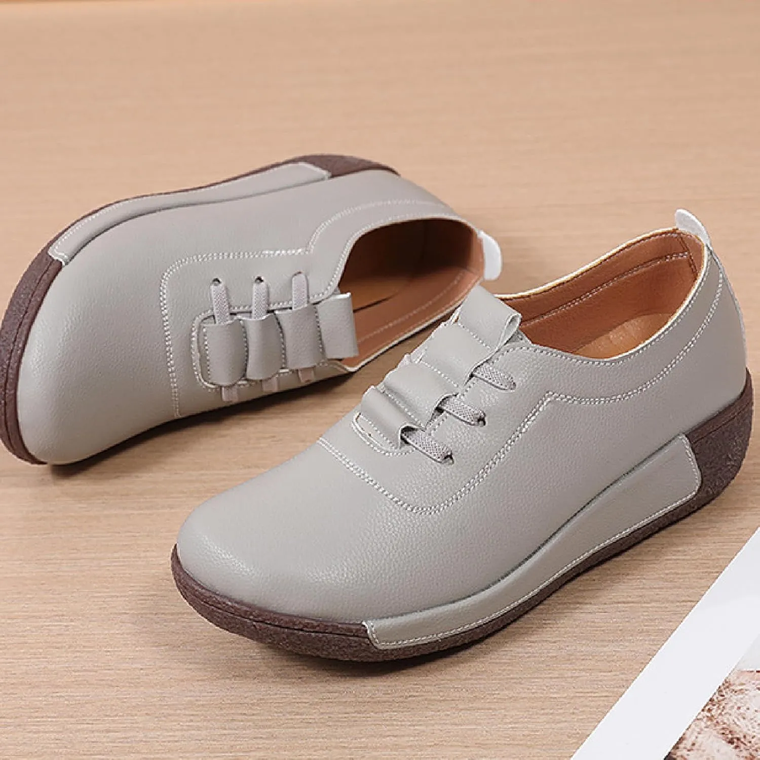 Women's Leather Platform Wedge Rocker Shoes Fashion Round Head Slip-On Thick Heel Walking Loafers Casual Non-Slip Comfort Work Office Dress Shoes