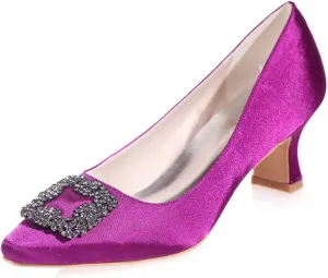 Womens Low Mid Square Heel Rhinstone Pointed Toe Satin Wedding Sandal Bridal Office Ladies Dress Pumps Shoes