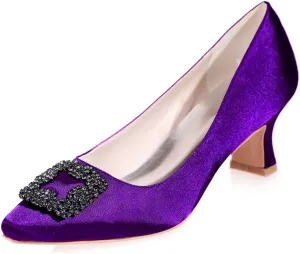 Womens Low Mid Square Heel Rhinstone Pointed Toe Satin Wedding Sandal Bridal Office Ladies Dress Pumps Shoes