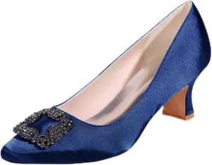 Womens Low Mid Square Heel Rhinstone Pointed Toe Satin Wedding Sandal Bridal Office Ladies Dress Pumps Shoes