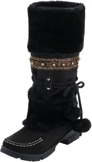 Womens Mid Calf Rhinestone Boots Fashion Round Toe Low Heel Knee High Riding Boot Soft Slouchy Boot Party Bling Shoes