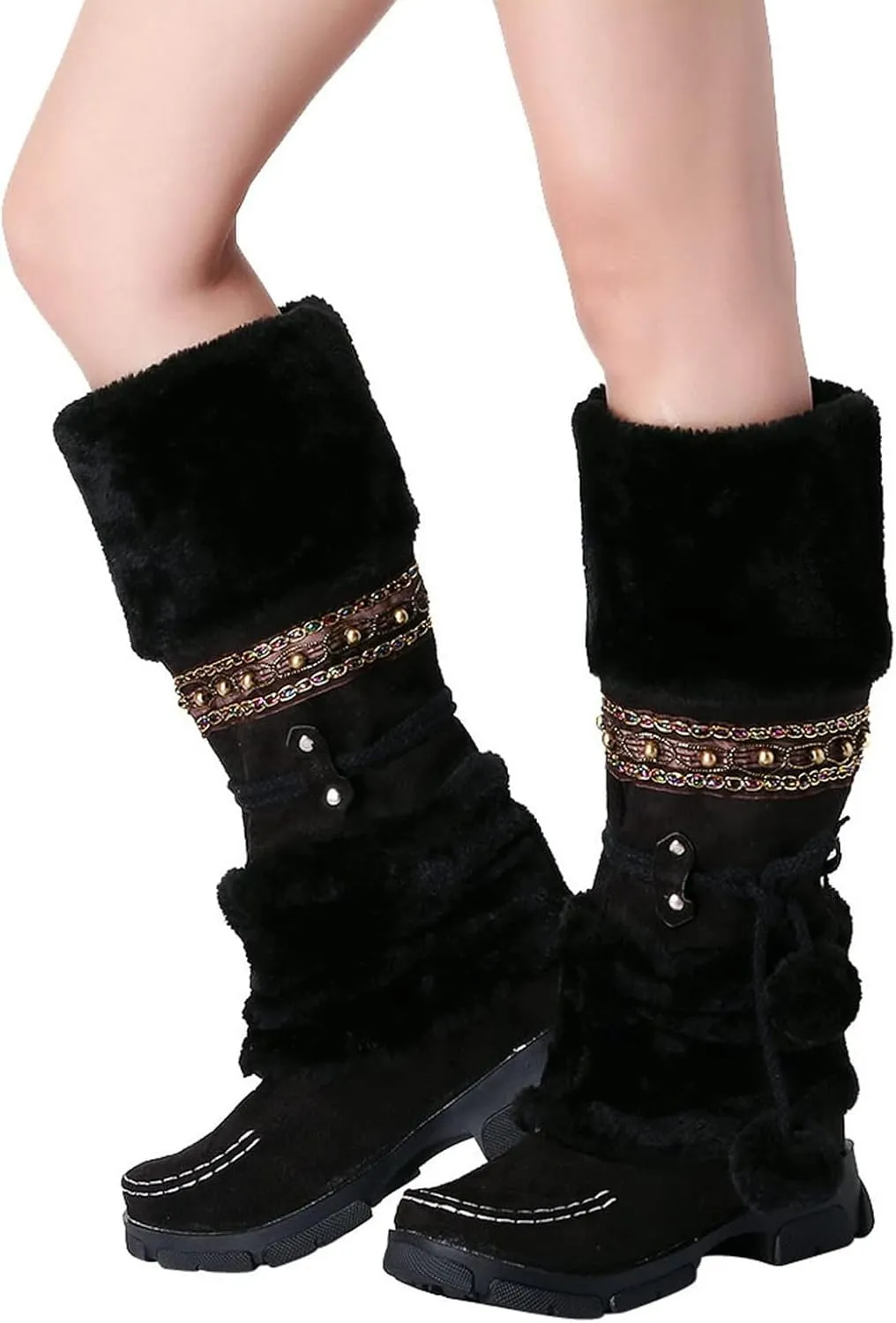 Womens Mid Calf Rhinestone Boots Fashion Round Toe Low Heel Knee High Riding Boot Soft Slouchy Boot Party Bling Shoes