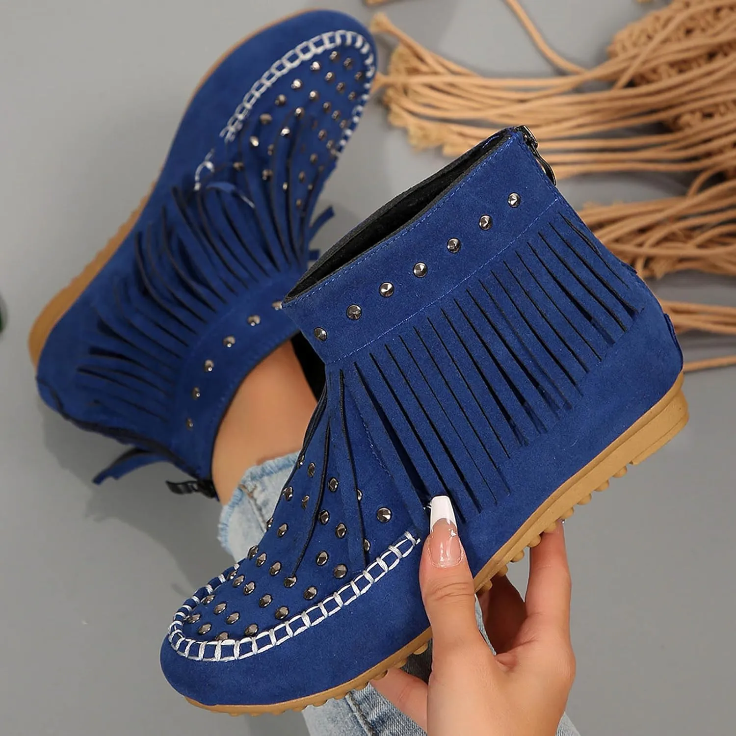 Womens Moccasins Fringe Ankle Boots Retro Suede Leather Tassel Studded Moccasins Shoes Non Slip Flat Heel Fall Winter Casual Fashion Booties with Zipper
