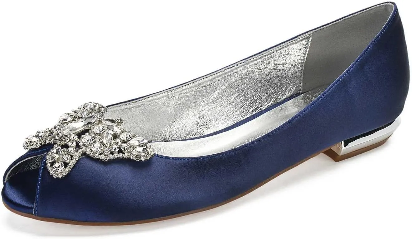 Women's Open Toe Satin Wedding Flats - Comfortable Bridal Shoes with Rhinestones, Elegant Formal Slip-On Dress Shoes, Ballet Flats for The Bride