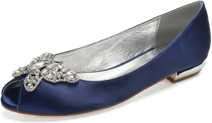 Women's Open Toe Satin Wedding Flats - Comfortable Bridal Shoes with Rhinestones, Elegant Formal Slip-On Dress Shoes, Ballet Flats for The Bride