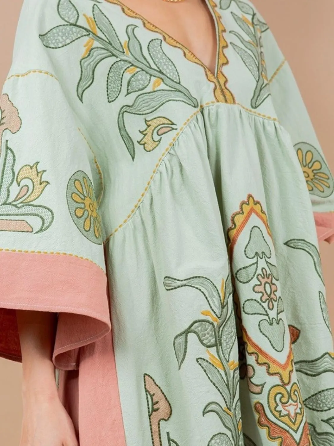 Womens Oversized Embroidered Dress with V-Neck and 3/4 Sleeves Vintage Embroidery Babydoll Dress