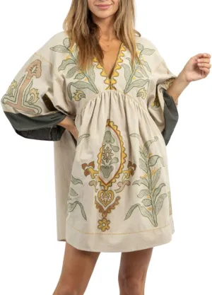 Womens Oversized Embroidered Dress with V-Neck and 3/4 Sleeves Vintage Embroidery Babydoll Dress