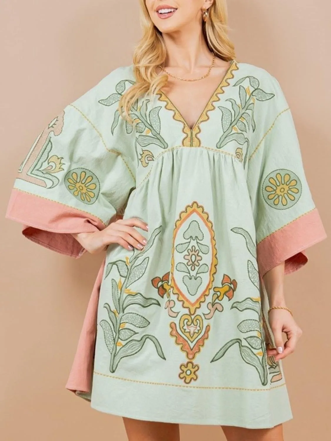 Womens Oversized Embroidered Dress with V-Neck and 3/4 Sleeves Vintage Embroidery Babydoll Dress