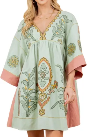 Womens Oversized Embroidered Dress with V-Neck and 3/4 Sleeves Vintage Embroidery Babydoll Dress