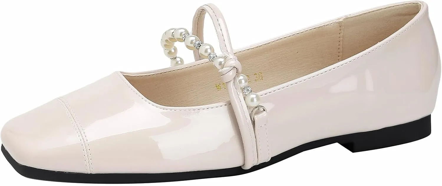 Women's Patent Leather Square Toe Mary Jane Flats Elegant Pearl Strap Slip-On Soft Ballet Walking Shoes Comfortable Casual Dress Flat Shoes
