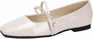 Women's Patent Leather Square Toe Mary Jane Flats Elegant Pearl Strap Slip-On Soft Ballet Walking Shoes Comfortable Casual Dress Flat Shoes