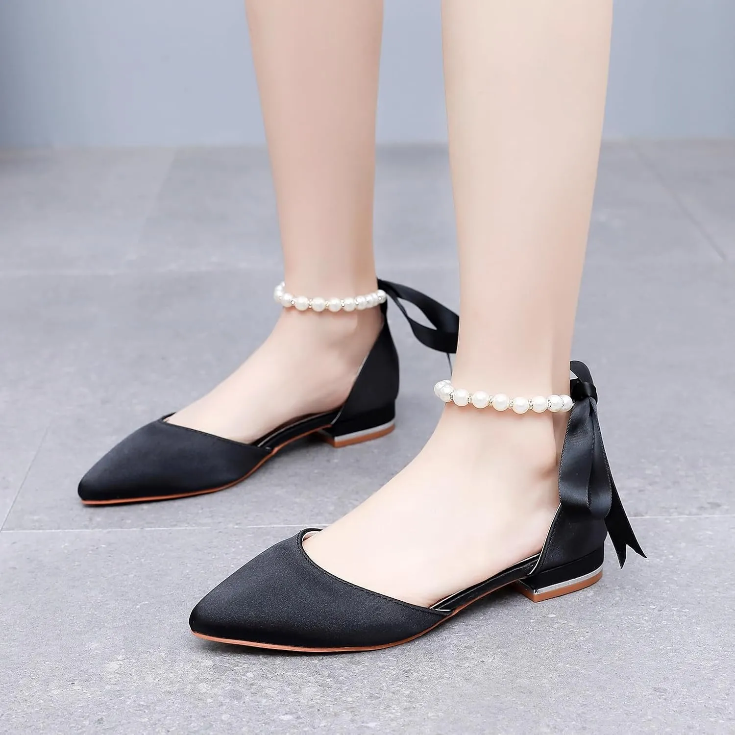 Women's Pearl Satin Wedding Shoes Pointed Toe Comfortable Bridal Flats Formal Prom Party Dress Pumps Ankle Strap Sandals