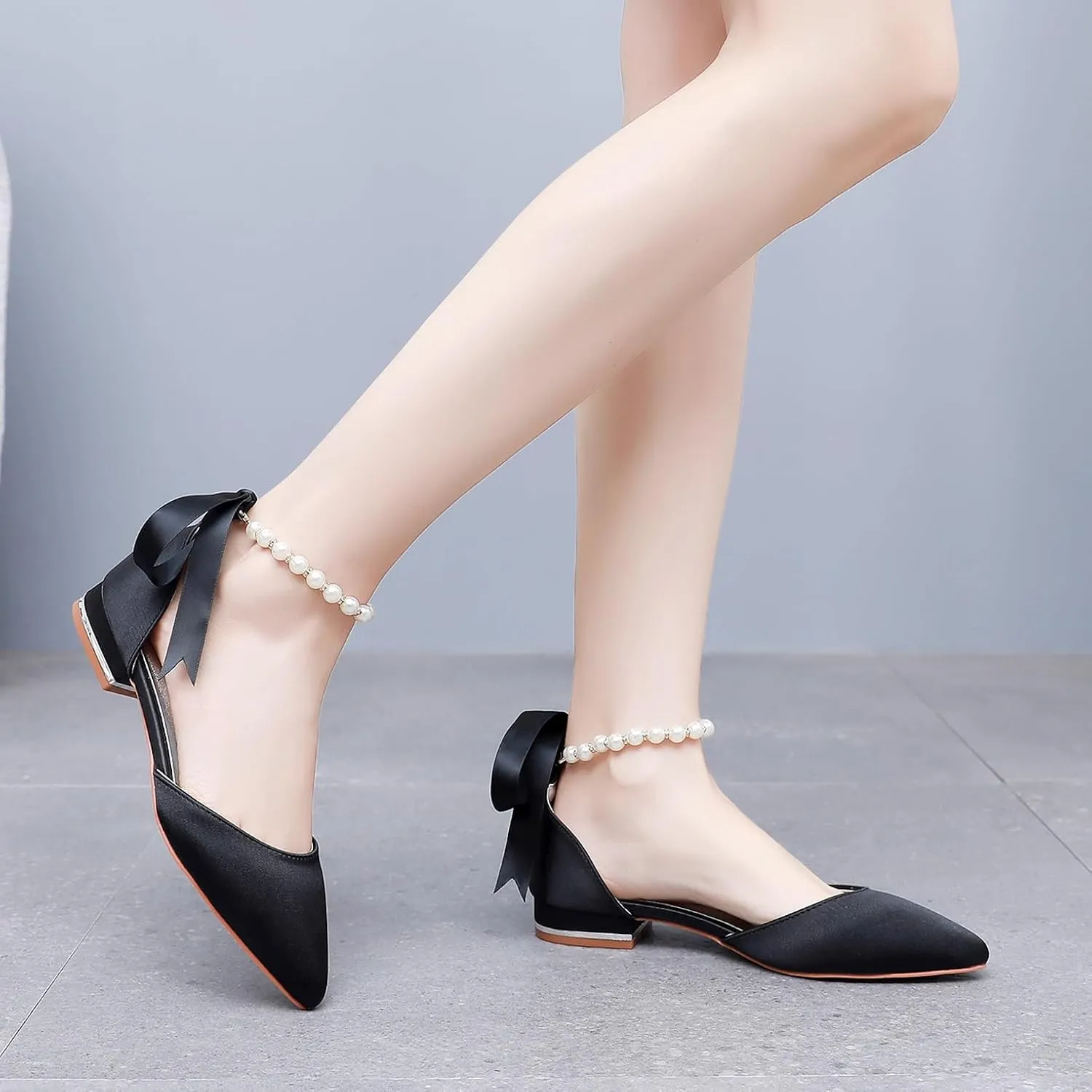 Women's Pearl Satin Wedding Shoes Pointed Toe Comfortable Bridal Flats Formal Prom Party Dress Pumps Ankle Strap Sandals