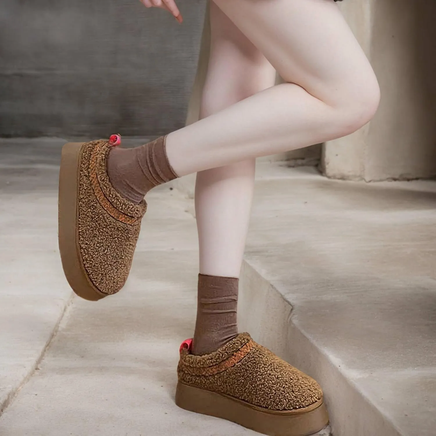 Women's Platform Slippers Mini Boots Braid with Plush Fleece Lining Fuzzy Slippers for Women Slip on Clogs