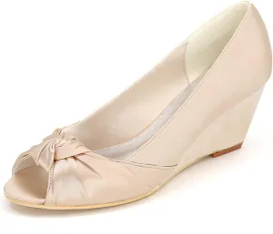 Women's Platform Wedge Heels with Open Toe - High Block Satin Bridal Shoes Perfect for Wedding, Party, Evening, Prom Dresses & Sandals