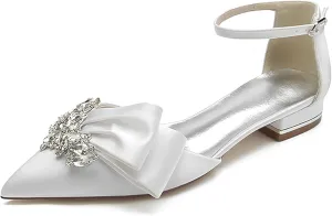 Women's Pointed Toe Crystal Wedding Flats for Bride Comfortable Satin White Wedding Shoes Low Heels Ankle Strap Bridal Flats Evening Prom Party Dress Shoes Pumps