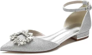 Women's Pointed Toe Glitter Wedding Flats for Bride Comfortable Rhinestones Bridal Shoes Evening Prom Party Dress Shoes Pumps