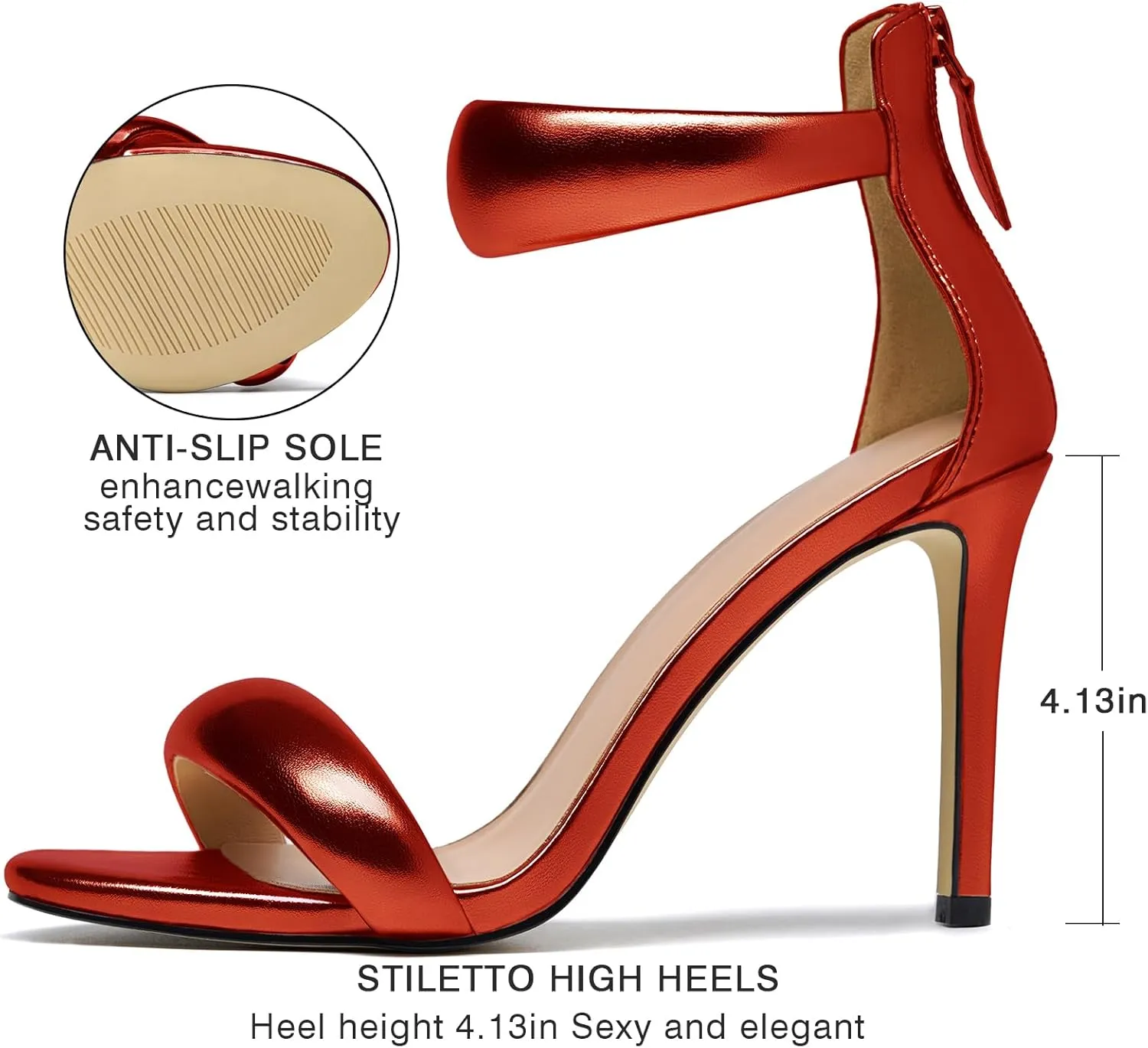 Women's Pump Open Toe Heel Sandals Back Zipper Round Ankle Strappy Stiletto Heels Sparkle Glitter Metallic Party Sexy Wedding Dressy Shoes