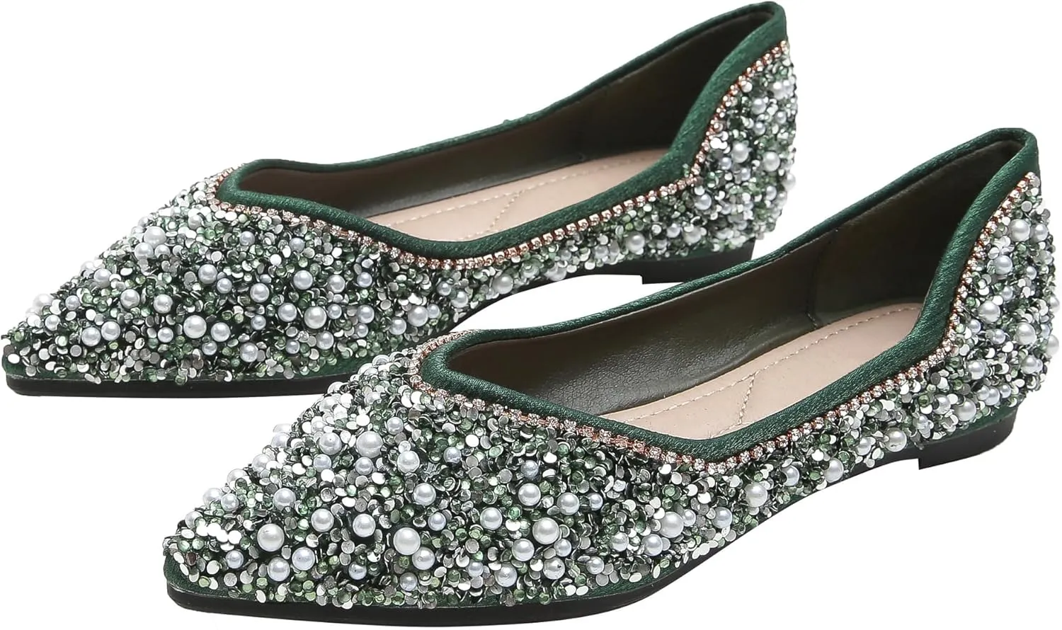 Women's Rhinestone Flats Elegant Bow Knot Glitter Ballet Flats Dress Pearl Wedding Shoes Pointed Toe Slip On Loafers for Women