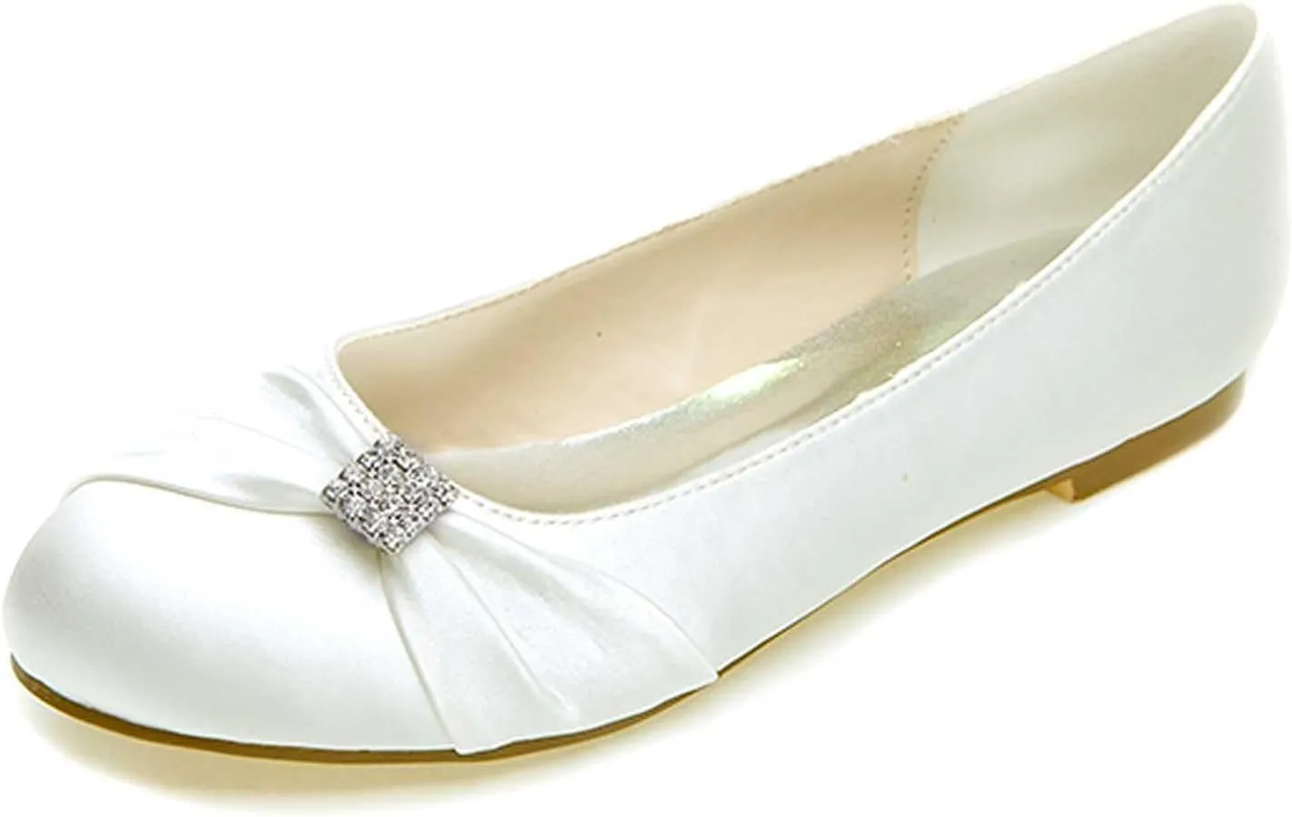 Women's Round Toe Satin Flats with Rhinestone Detail, Comfortable Dress Shoes for Wedding, Bridal, & Everyday Wear - Slip-On Pumps & Sandals