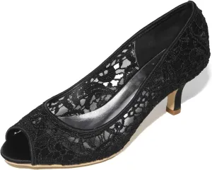Women's Satin Kitten Heels Sandals High Heel with Open Toe Lace Bridal for Dress Wedding Party