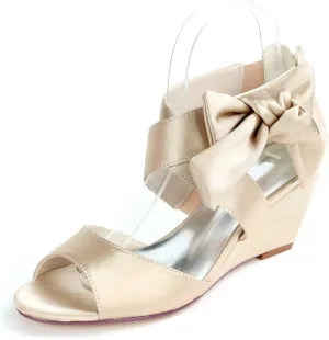 Women's Satin Open Toe Platform Wedge Sandals with Round Toe High Heels for Evening Proms and Weddings