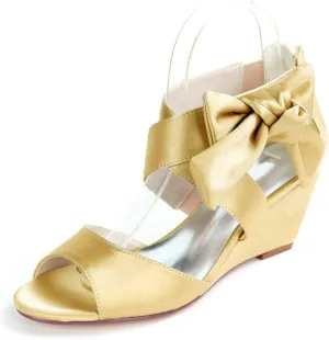 Women's Satin Open Toe Platform Wedge Sandals with Round Toe High Heels for Evening Proms and Weddings