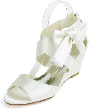 Women's Satin Open Toe Platform Wedge Sandals with Round Toe High Heels for Evening Proms and Weddings